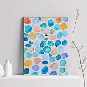 Sea Glass Watercolor art,  Abstract Coastal Wall Art, Sea Glass Beach House Decor, Watercolor Ocean Abstract Painting, original art
