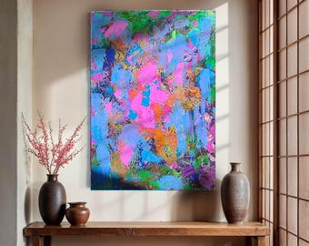 Textured Abstract Painting: Green, Purple & Orange - 24x18 Original Art