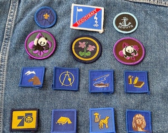 Vintage Patches, Scouts, Scoutcraft, Panda, Violets, Camera, Reading, Snowy Mountains, Life Saving, Merit Badges Woven Motifs Clothing Patch