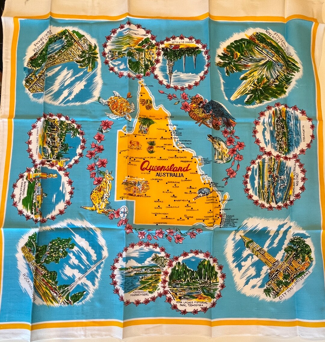 Vintage Retro Dinner Cloth, Ross, Queensland Birds and Flowers