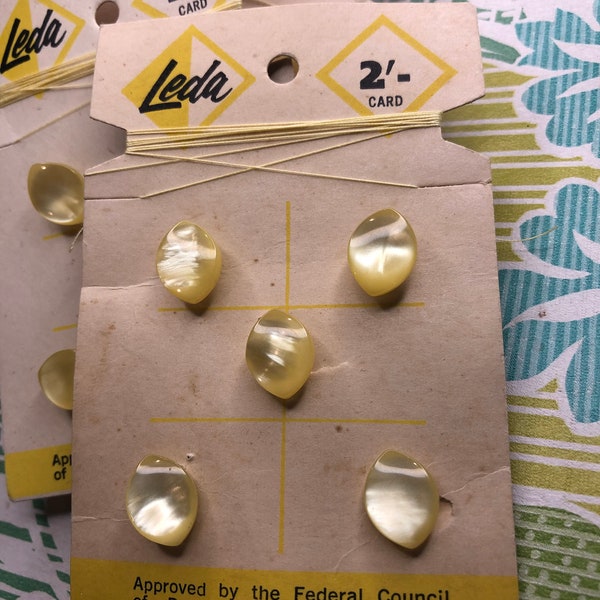 Vintage Leda 2/- Button Card  Rich Lemon Pearlescent  Almond Shaped   Hard Plastic  set of 6 x 14mm    Treasures Buttons