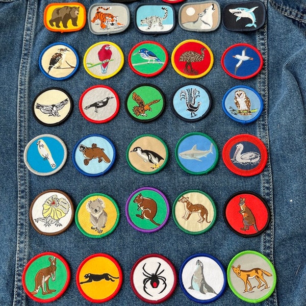 Vintage Patches, Scouts, Kangaroo, Frill Neck Lizard, Shark, Dingo, Seagull, Emu, Bear, Possum, Merit Badges Woven Motifs Clothing Patch