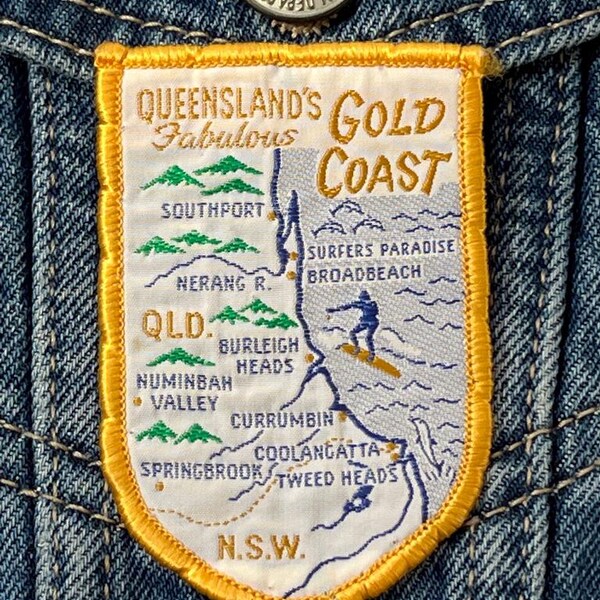 Vintage Patches,  Gold Coast Beach, Surfing, Palm Trees, Gold Coast,  Souvenir Badge, Queensland, Holidays, Embroidered