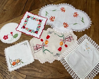 Vintage,  Embroidery Handmade Doily, Pretty Flowers, Reds, Orange, Windmills, Crochet Edge, Embroidery,  Doilies