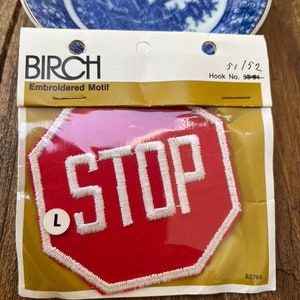 Vintage, Birch, Embroidered,  Red Stop Sign, Highway Sign, Traffic Sign Road Emblem, Symbol Biker Jacket, Patches, Appliqué, Clothing Patch