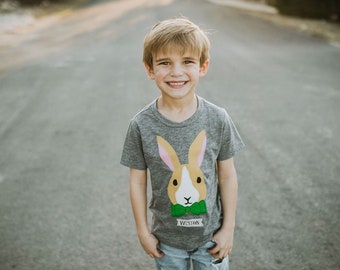boys “Mr. Bunny” easter spring plaid fabric applique tee shirt