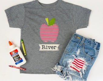 boys “stripe apple” school personalized fabric applique tshirt