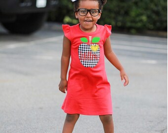 Girls "black + white plaid apple" back to school fabric applique flutter sleeve dress by sweet sprouts