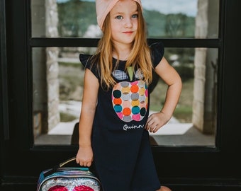 Girls "dottie apple" back to school fabric applique flutter sleeve dress by sweet sprouts