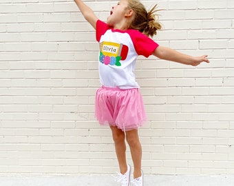 girls "floral pencil" school fabric applique tshirt