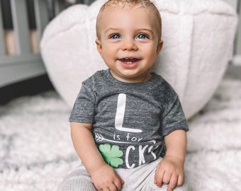 Lucky Clover “L is for Lucky” appliqué St Patricks Day clover baby toddler kids tee by oh sweet sprouts