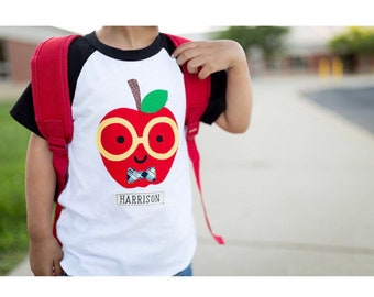 boys "smart apple" fabric applique black sleeve raglan tee shirt