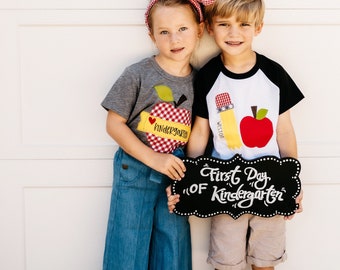 boys "pencil and apple" fabric applique black sleeve raglan tee shirt