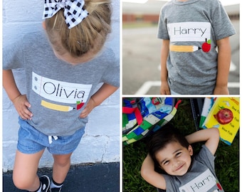 boy or girl" paper name" apple pencil school fabric applique tshirt
