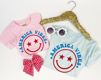 4th of July “america vibes” smiley vinyl applique shirt by sweet sprouts