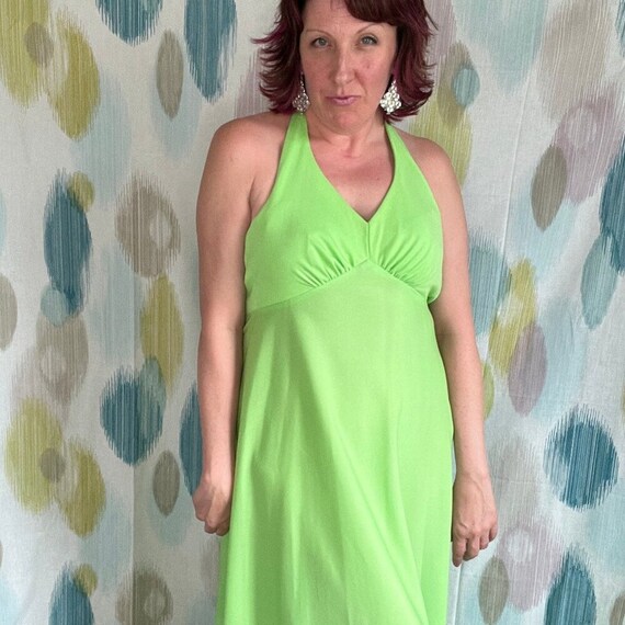70s Halter Dress, 70s Green Maxi, Green Technicolor Dress, Lime Green Dress,  Open Back Dress, Sexy 70s Dress, Summer Festival, 70s Maxi - Etsy