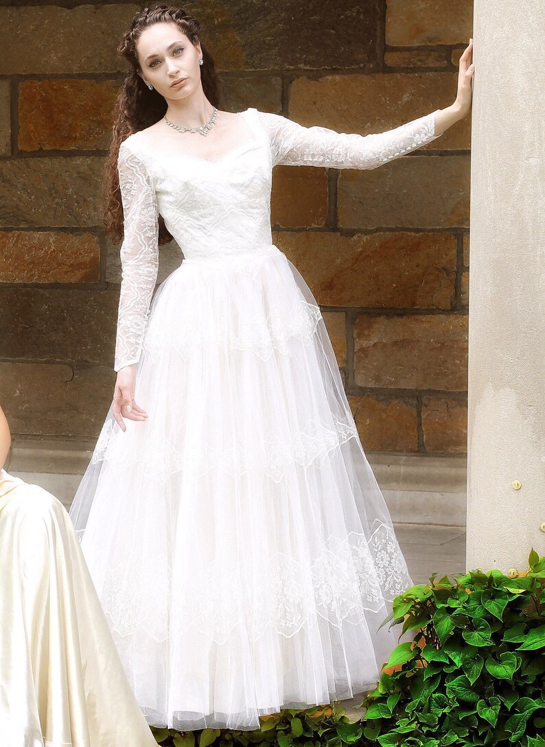 Vintage Couture 1950s Wedding Dress Lace and Tulle wedding gown Fit and Flare Gown Long Sleeve Romantic Wedding Gown Dress by William Cahill
