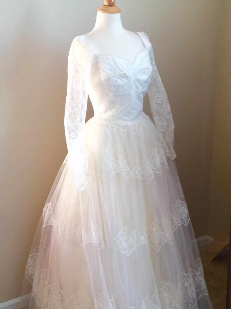 Vintage Couture 1950s Wedding Dress Lace and Tulle wedding gown Fit and Flare Gown Long Sleeve Romantic Wedding Gown Dress by William Cahill