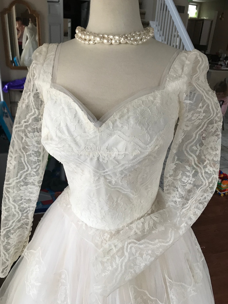 Vintage Couture 1950s Wedding Dress Lace and Tulle wedding gown Fit and Flare Gown Long Sleeve Romantic Wedding Gown Dress by William Cahill