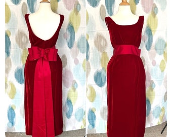 Red Velvet Cocktail Dress, 1960s open back formal, Red Velvet Gown, Red Gown W/Big Bow, Breakfast at Tiffanys, Elegant Red Dress, Red Formal