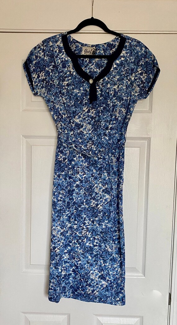 Blue Ditsy Floral Print Sheath Dress 1960s Blue Fl