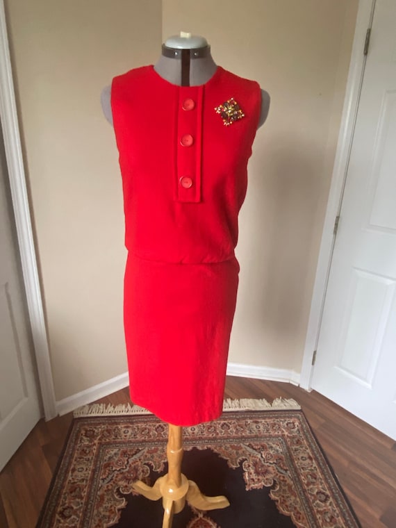 Red Sheath Dress, Red Wool Sheath, 60s Red Dress, 