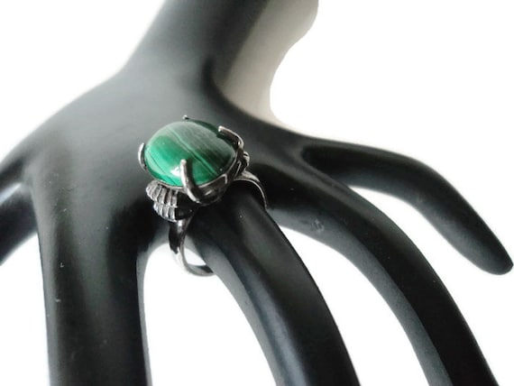 Sterling Natural Malachite Solitaire Vintage Ring - image 1