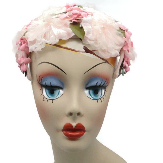 1950's Pink Half Hat With Silk Millinery Flowers J