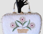 Vintage White Straw Handbag Glass Seed Beads And Beaded Flowers