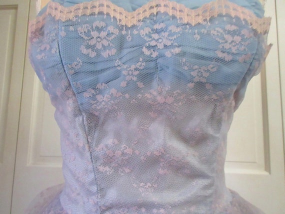 1950's Blue Chiffon Floral Lace Strapless Ball Go… - image 3