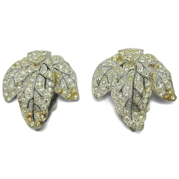 Art Deco Leaf Shape Rhinestone Dress Clips - image 1