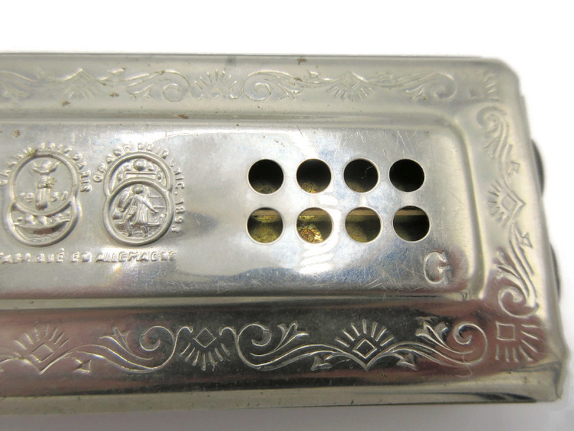 German Harmonica M Hohner Echo Bell Metal Reed Double Sided 1930