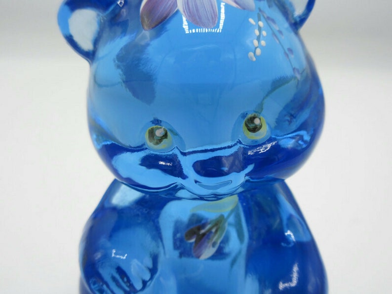 Fenton Misty Blue Glass Floral Seated Bear Figurine