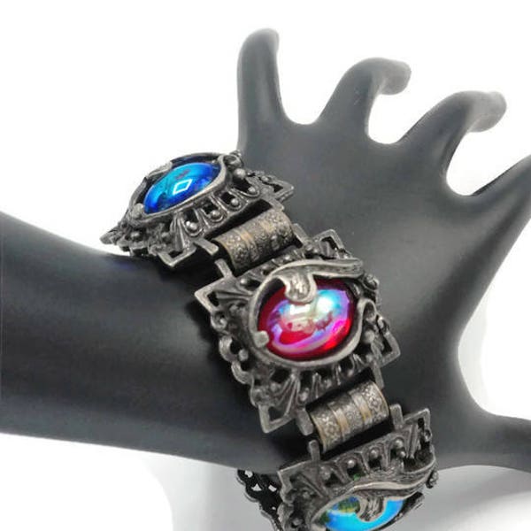 Judy Lee Queen Carol Dragon's Breath Carnival Glass Panel Bracelet Unsigned