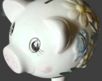 Piggy Bank Raised Relief Hand Painted Daisy's And Butterfly