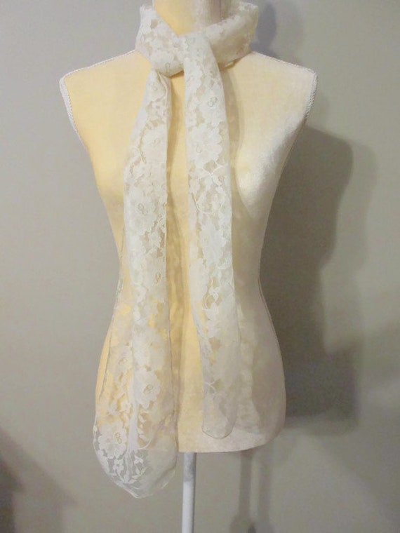 Ivory French Lace On Tulle Long Scarf Belt Wrap G… - image 4