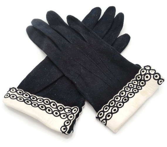 MCM French Gloves Black Suede Ivory White Kid Lea… - image 1