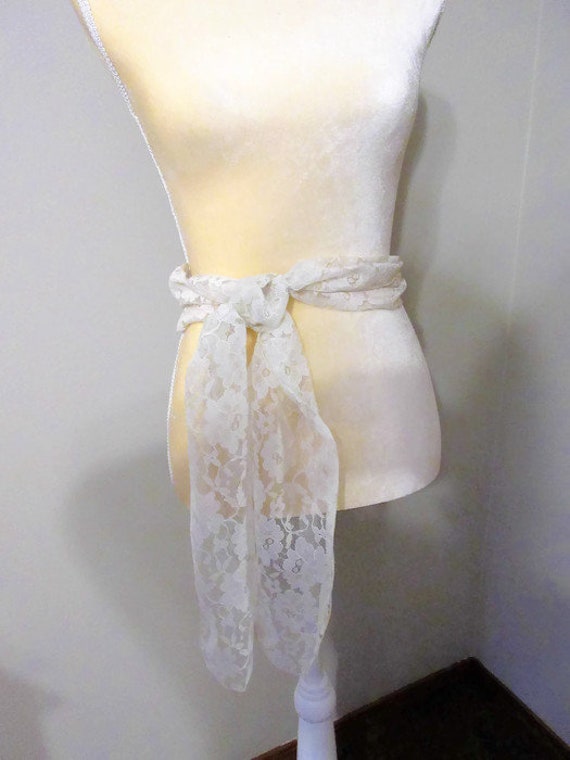 Ivory French Lace On Tulle Long Scarf Belt Wrap G… - image 7