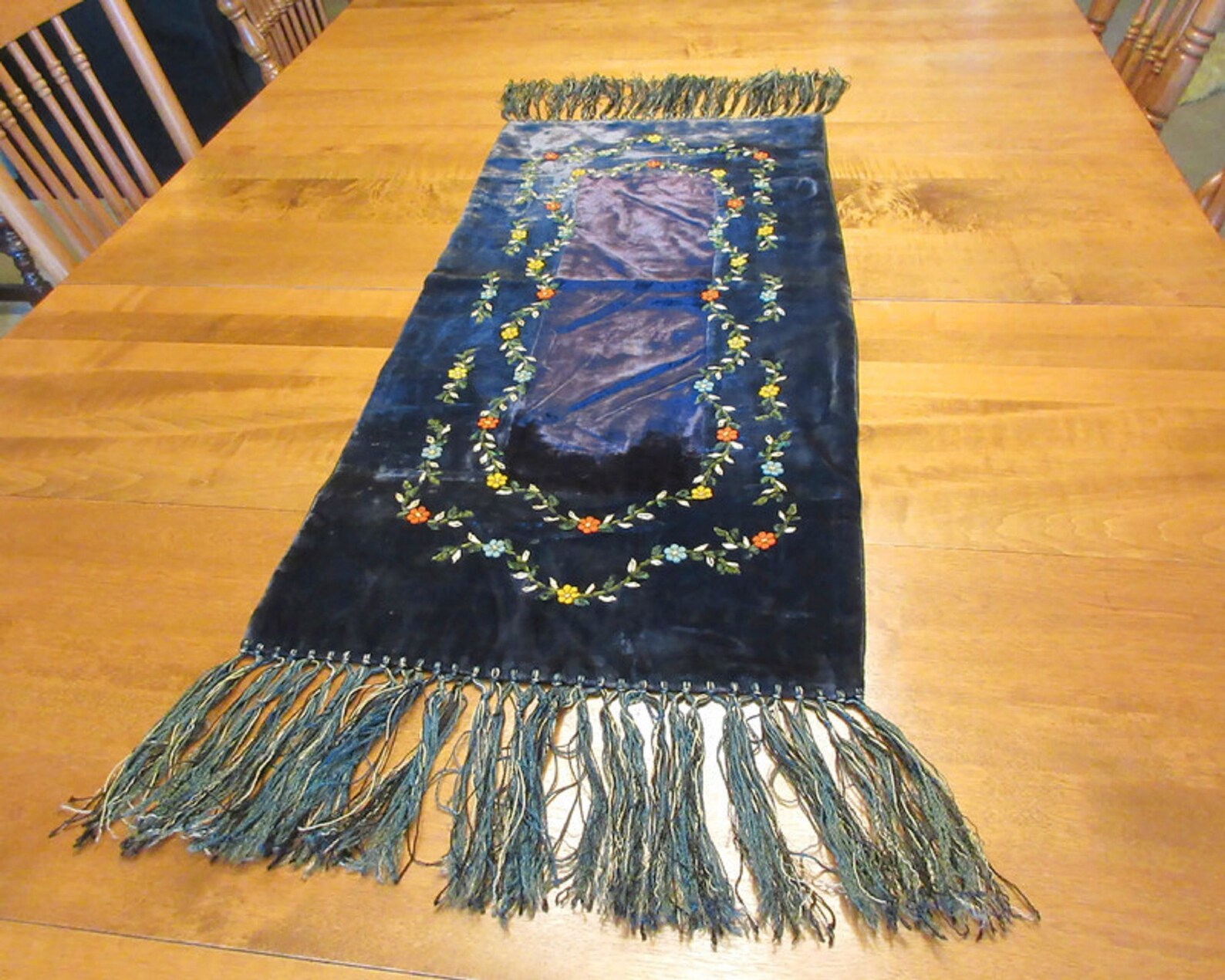 Victorian Table Runner Blue Velvet Silk and Felted Flowers Etsy