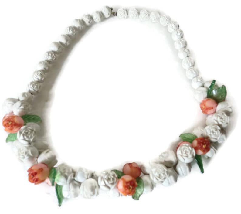 1920/'s West German Orange And White Celluloid Rose And Leaf Choker Necklace
