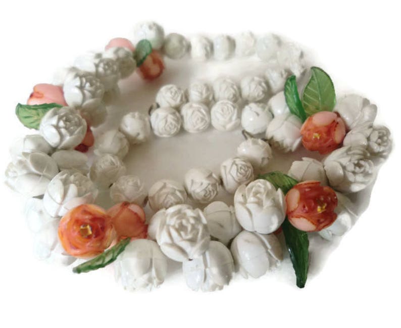1920/'s West German Orange And White Celluloid Rose And Leaf Choker Necklace