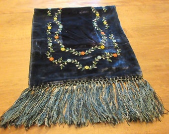 Victorian Table Runner Blue Velvet Silk And Felted Flowers Vines Leaves