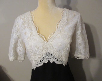 1970's Evening Gown Jordan Ivory Lace And Black Crepe Short Sleeve