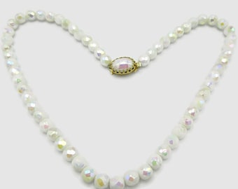 1960's White Aurora Borealis Glass Bead Necklace With Fancy Clasp