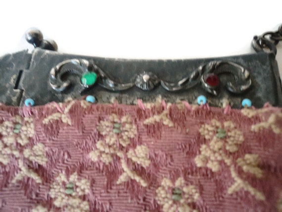 Antique Handbag Floral Embroidered Woven Silk Bro… - image 3