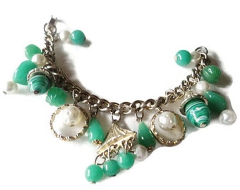 Vintage Charm Bracelet Lucite Pearl And Green Art Glass Beads