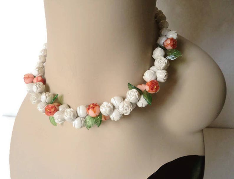 1920/'s West German Orange And White Celluloid Rose And Leaf Choker Necklace