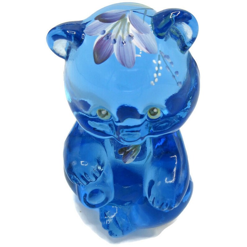 Fenton Misty Blue Glass Floral Seated Bear Figurine