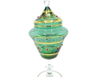 Czech Green Glass Jeweled Lidded Candy Jar 1800's Antique