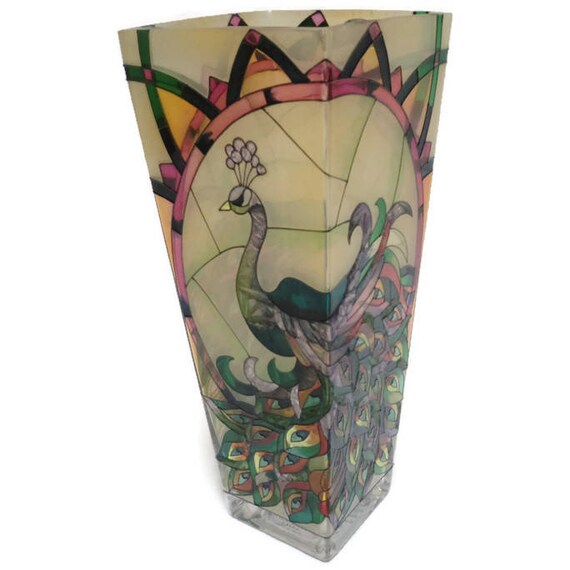 Hand Painted Stain Glass Peacock Flared Vase Amia Glass Studio Etsy
